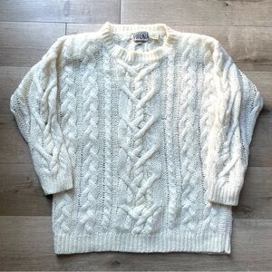 Vintage 80's Forenza Cream Chunky Cable Open Knit Mohair Cardigan Fisherman